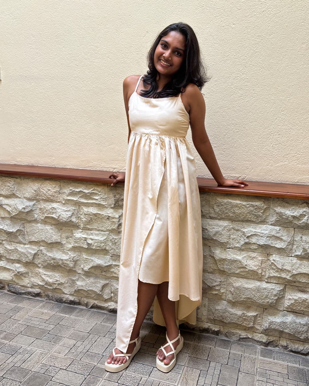 Anithya Willow's Wanderlust Asymmetrical Sand Color Maxi Dress