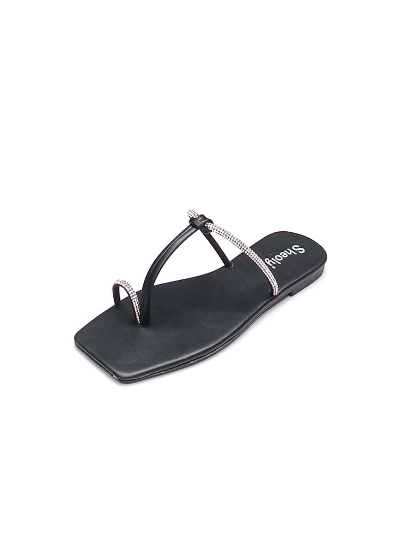 Sheoly Women's Square Toe Flat Sandals with Rhinestone Straps