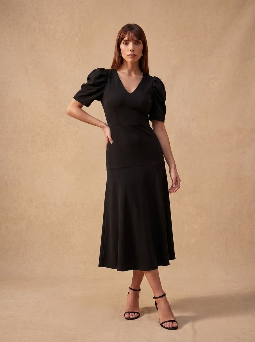 Waist Detailed Black Midi Dress