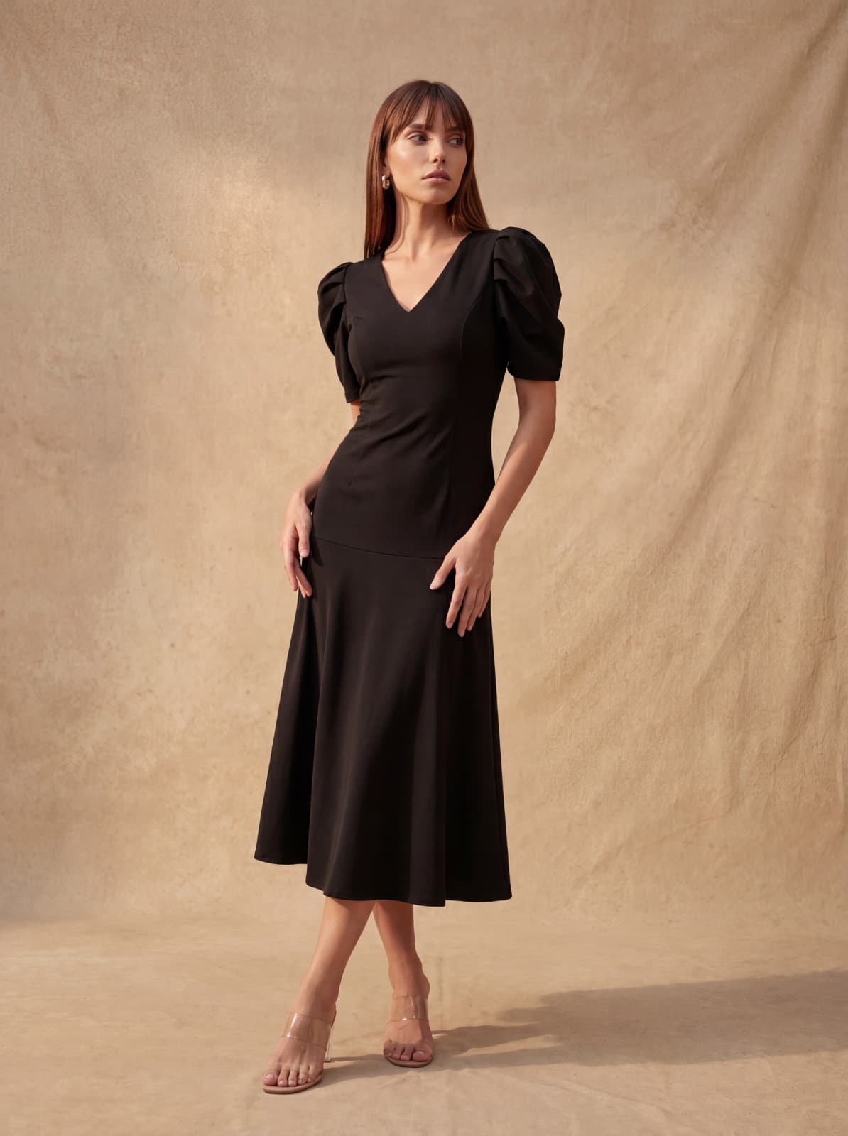 Waist Detailed Black Midi Dress
