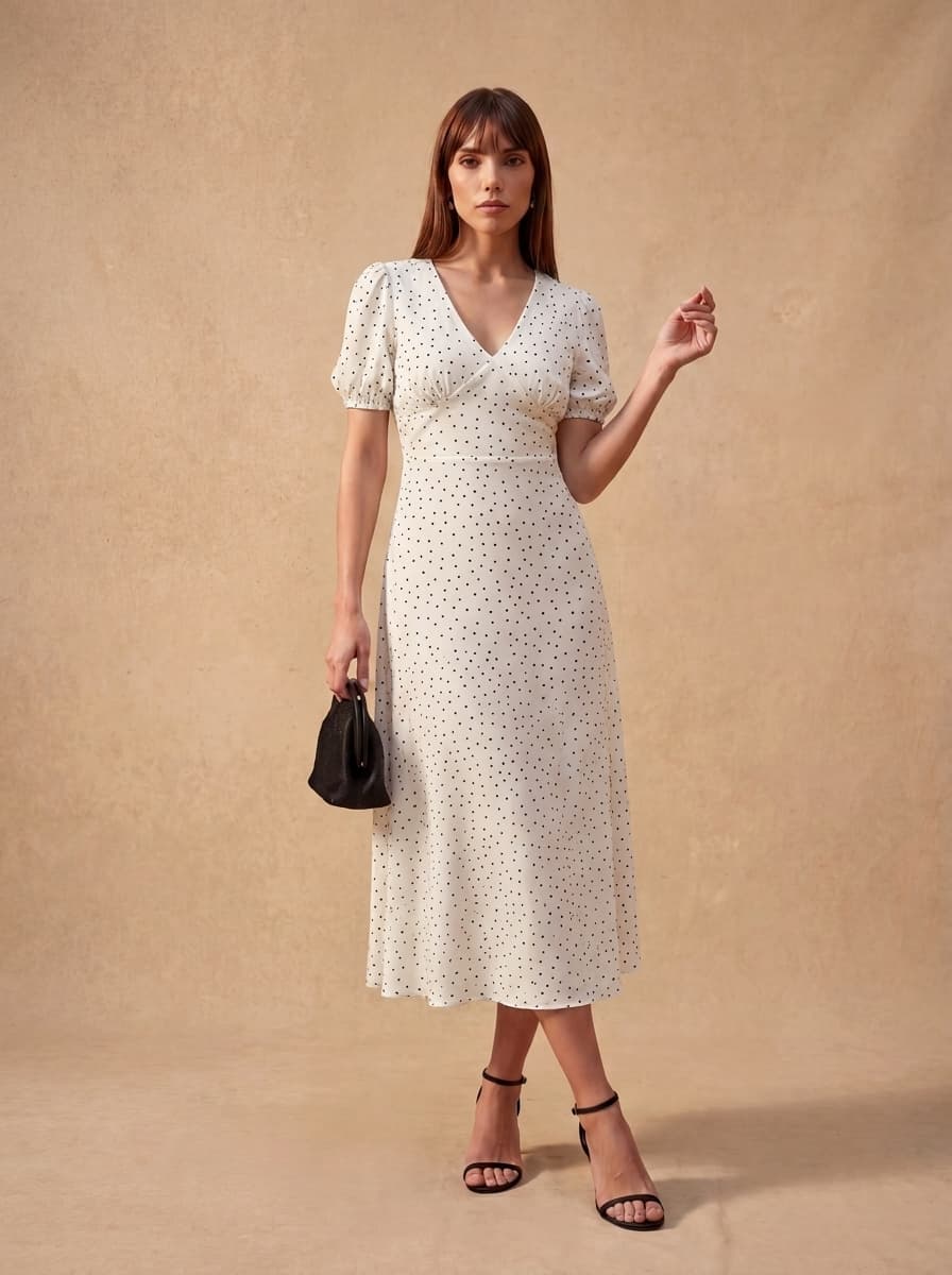 Dotted Reverie V-Neck Midi Dress