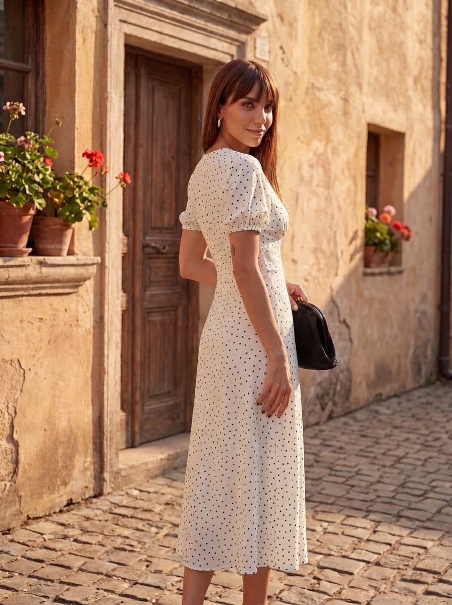 Dotted Reverie V-Neck Midi Dress