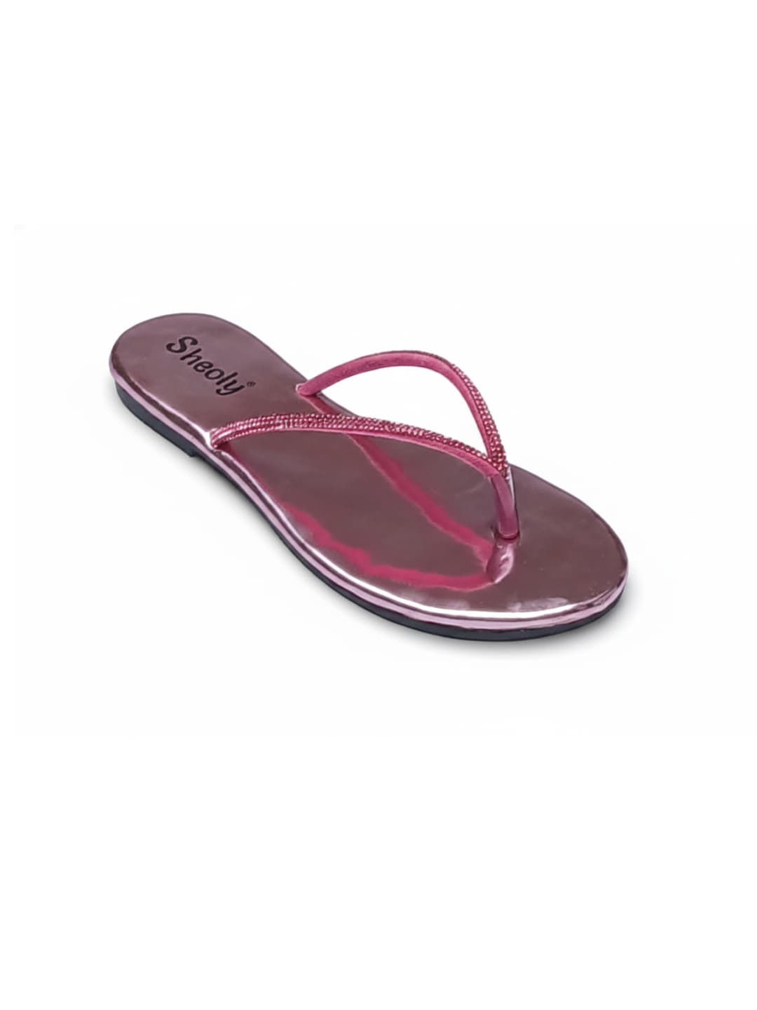 Sheoly Women’s Rose Pink Metallic Flat Sandals – Sparkling Slim Strap Flip-Flops