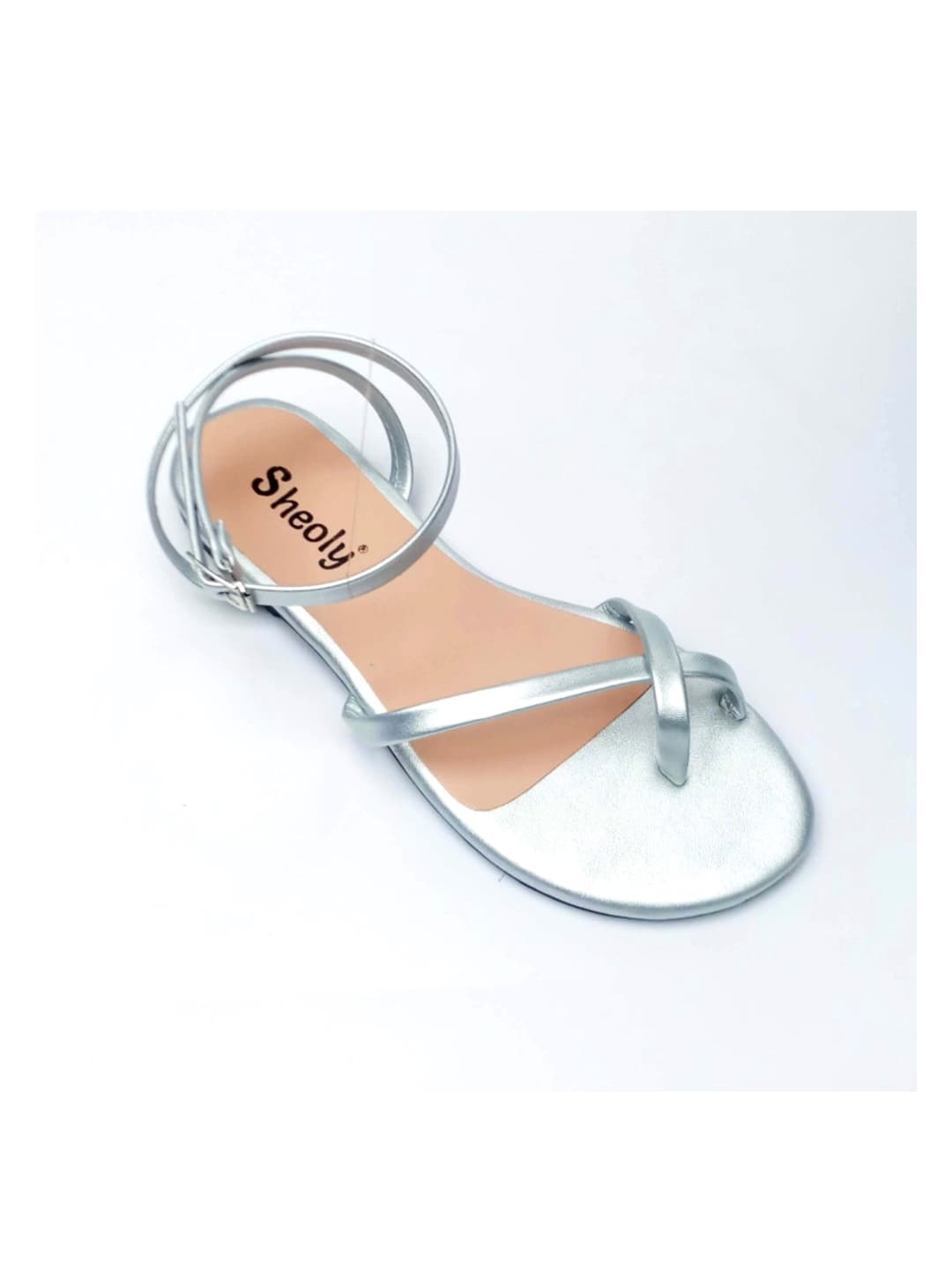 Sheoly Women’s Metallic Silver Strappy Flat Sandals with Ankle Buckle