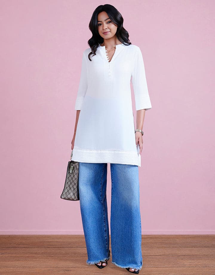 3/4 Sleeve Half Placket Pintuck Kurta