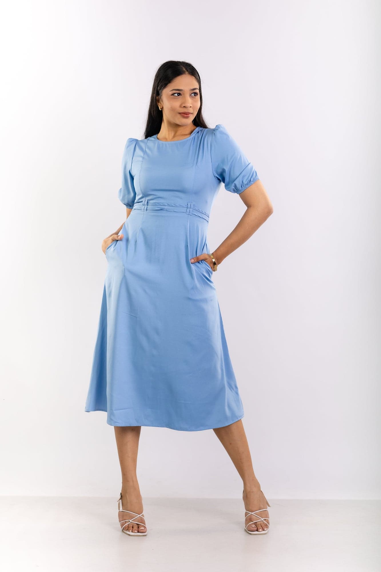 Sky Blue Puff-Sleeve Midi Dress