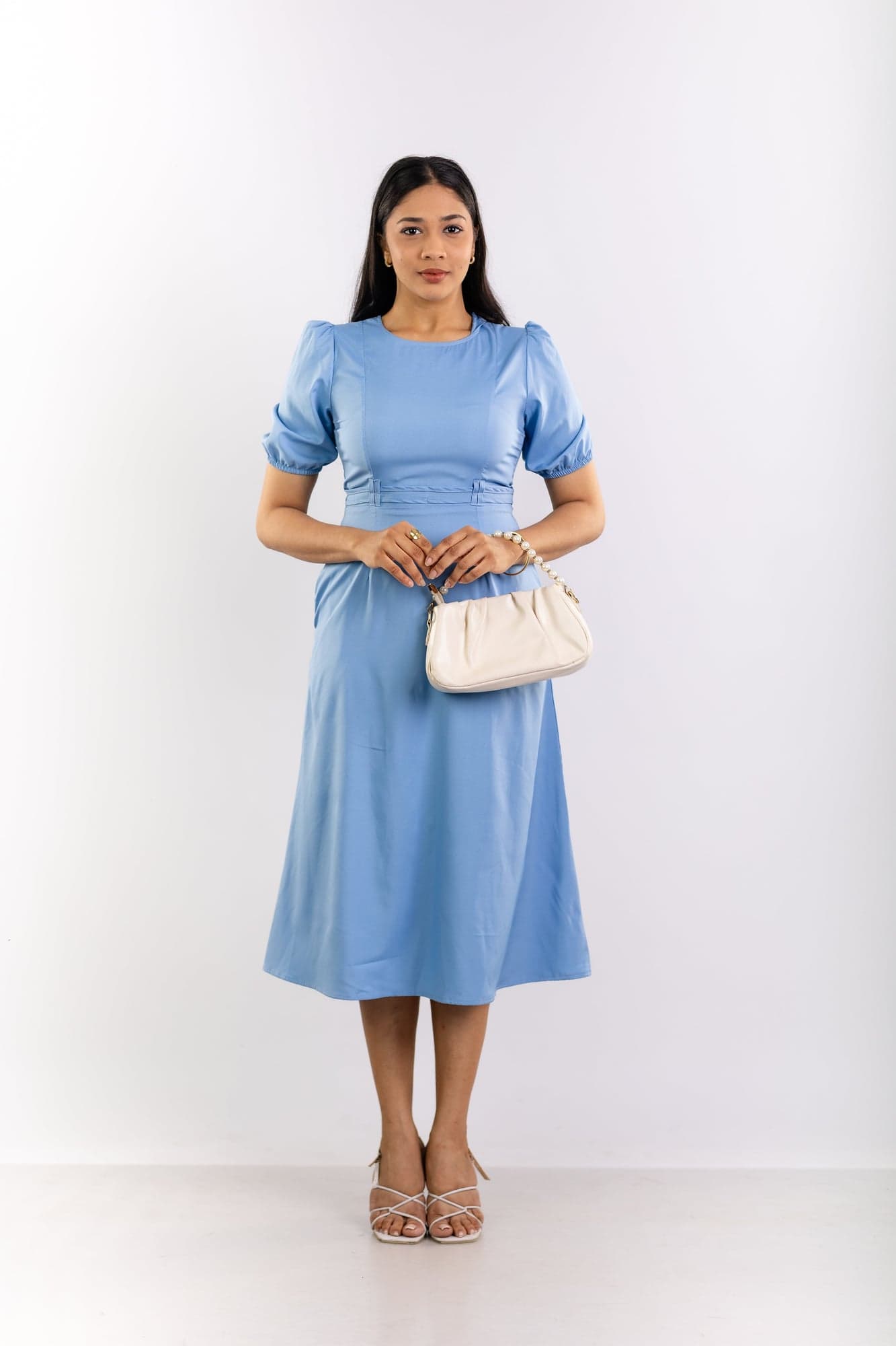 Sky Blue Puff-Sleeve Midi Dress