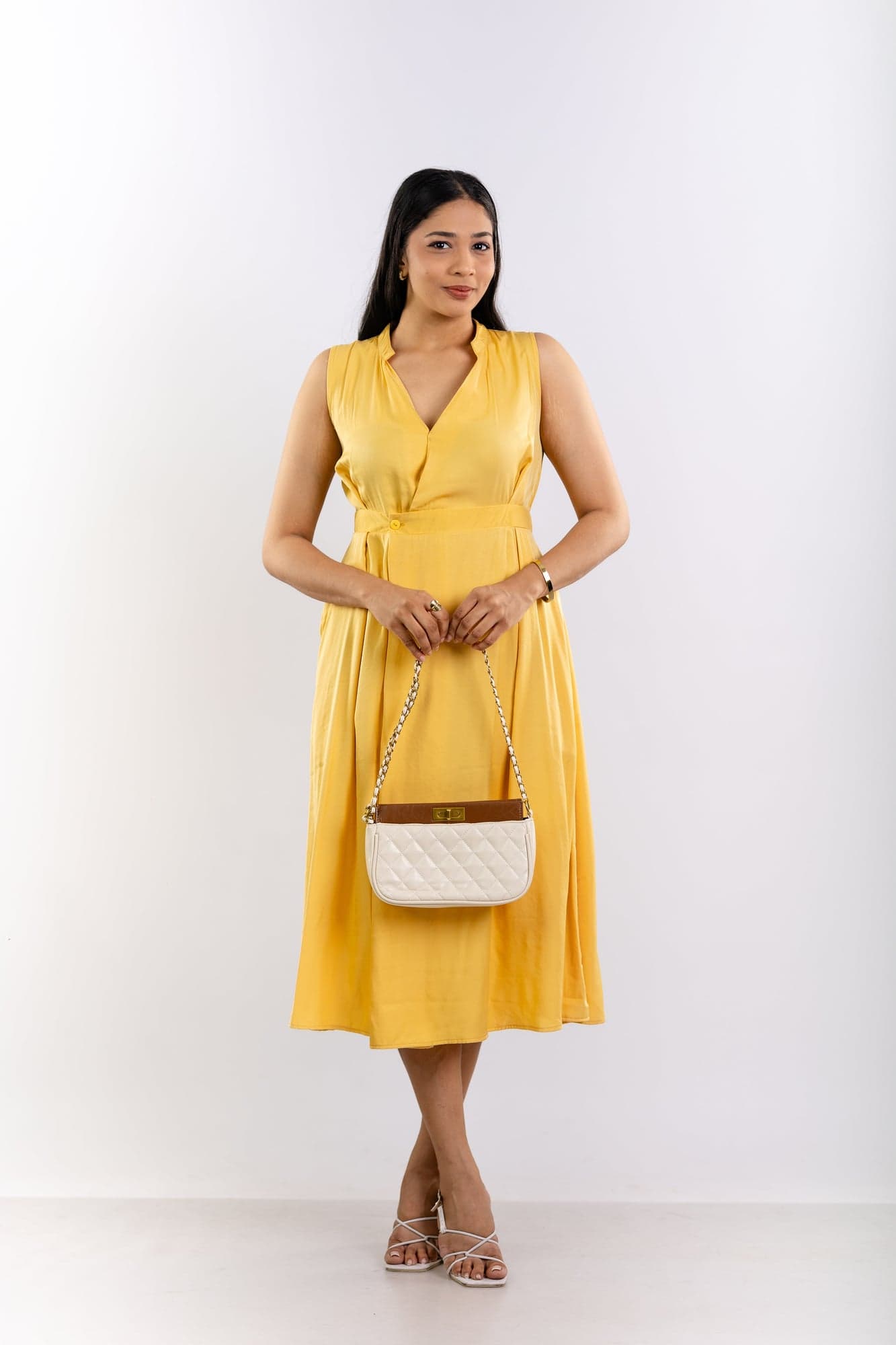 Golden Yellow Mandarin Collar Midi Dress