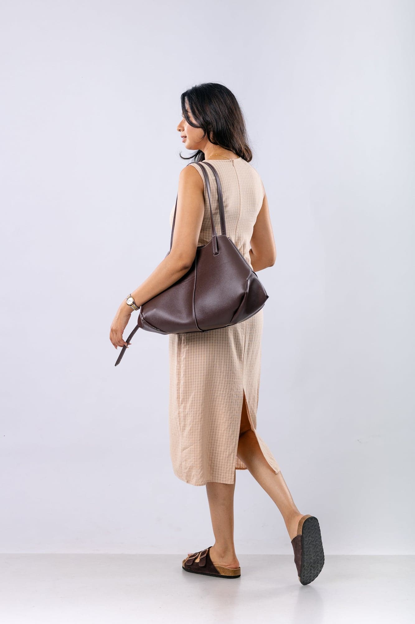 Beige Check Column Midi Dress