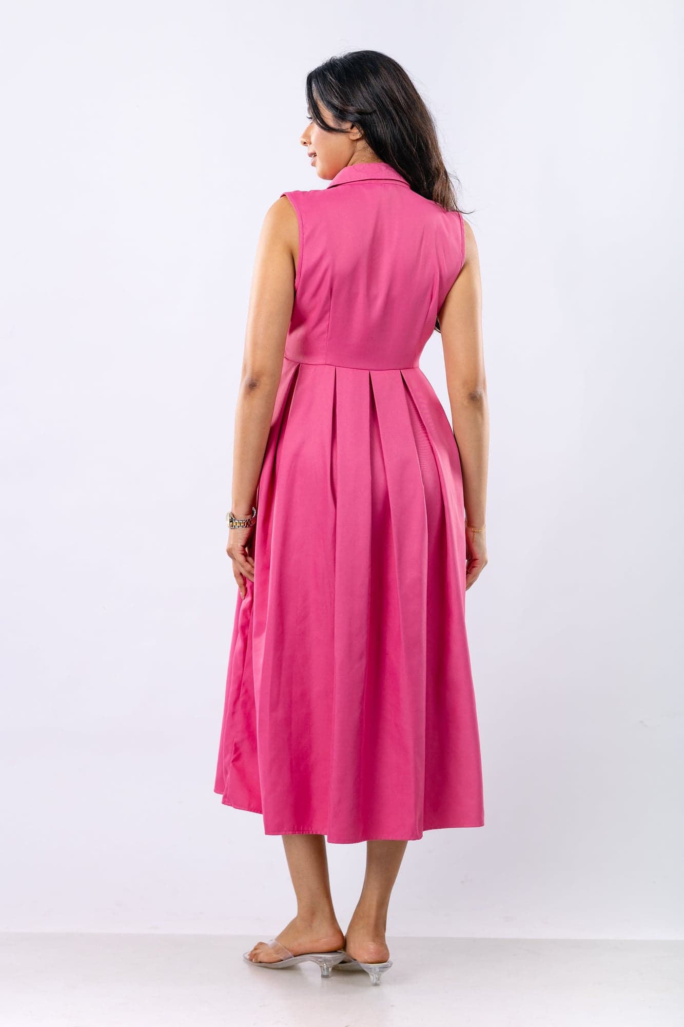 Pleated Midi Shirt Dress In Fuchsia