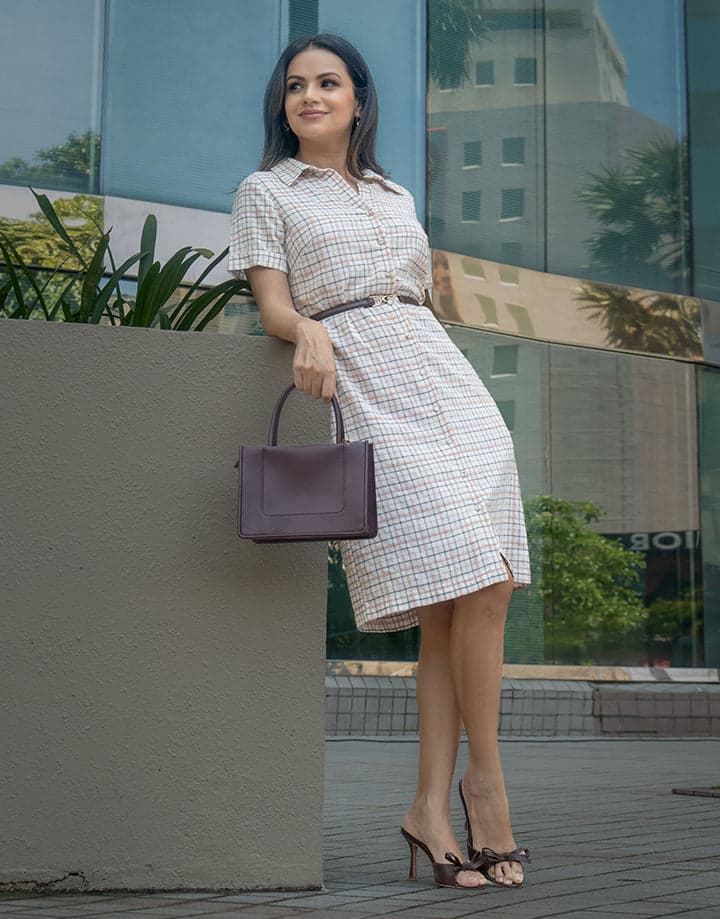 Short Sleeve Button Up Checked Dress