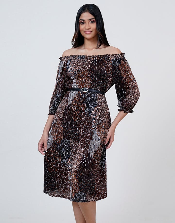 Off Shoulder Crape Dress with Puff Sleeve