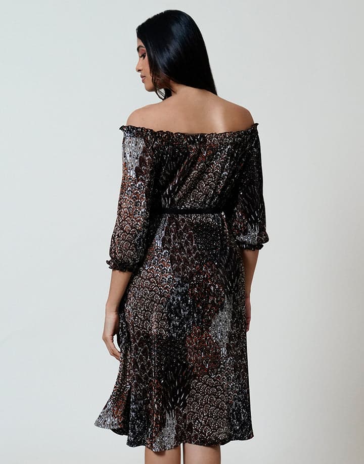 Off Shoulder Crape Dress with Puff Sleeve