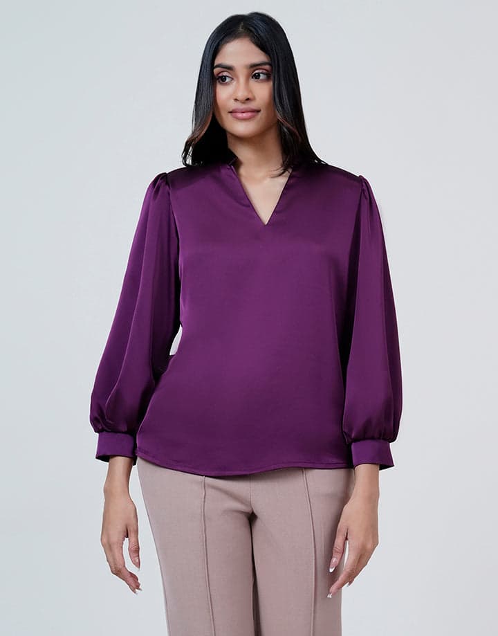 Half Chinese Collar Puff Sleeve Blouse