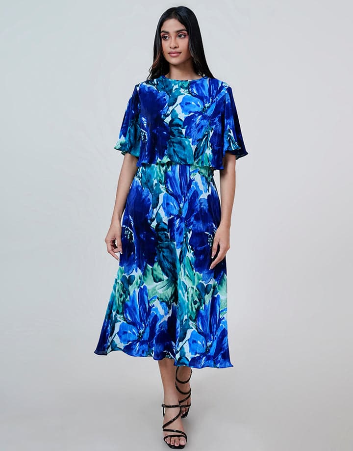 Floral Midi Dress with Cape Style