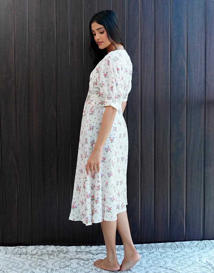 Printed Crossover  Puff Sleeve Dress