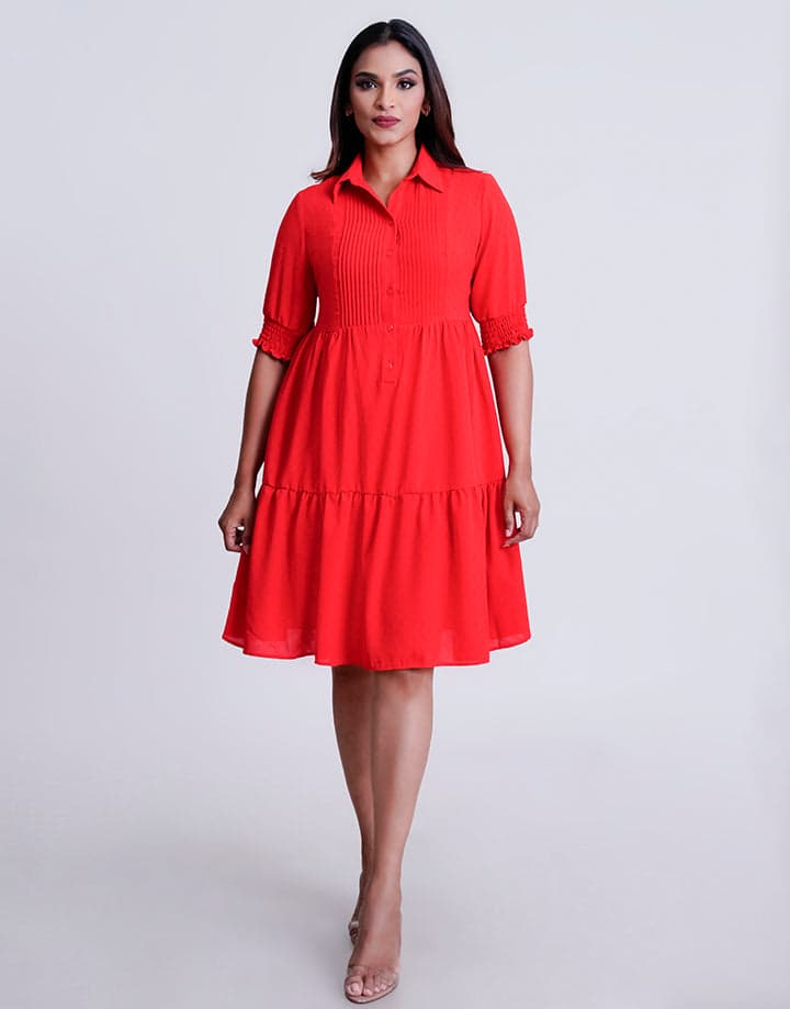 Standard Collar Pintuck Tiered Dress