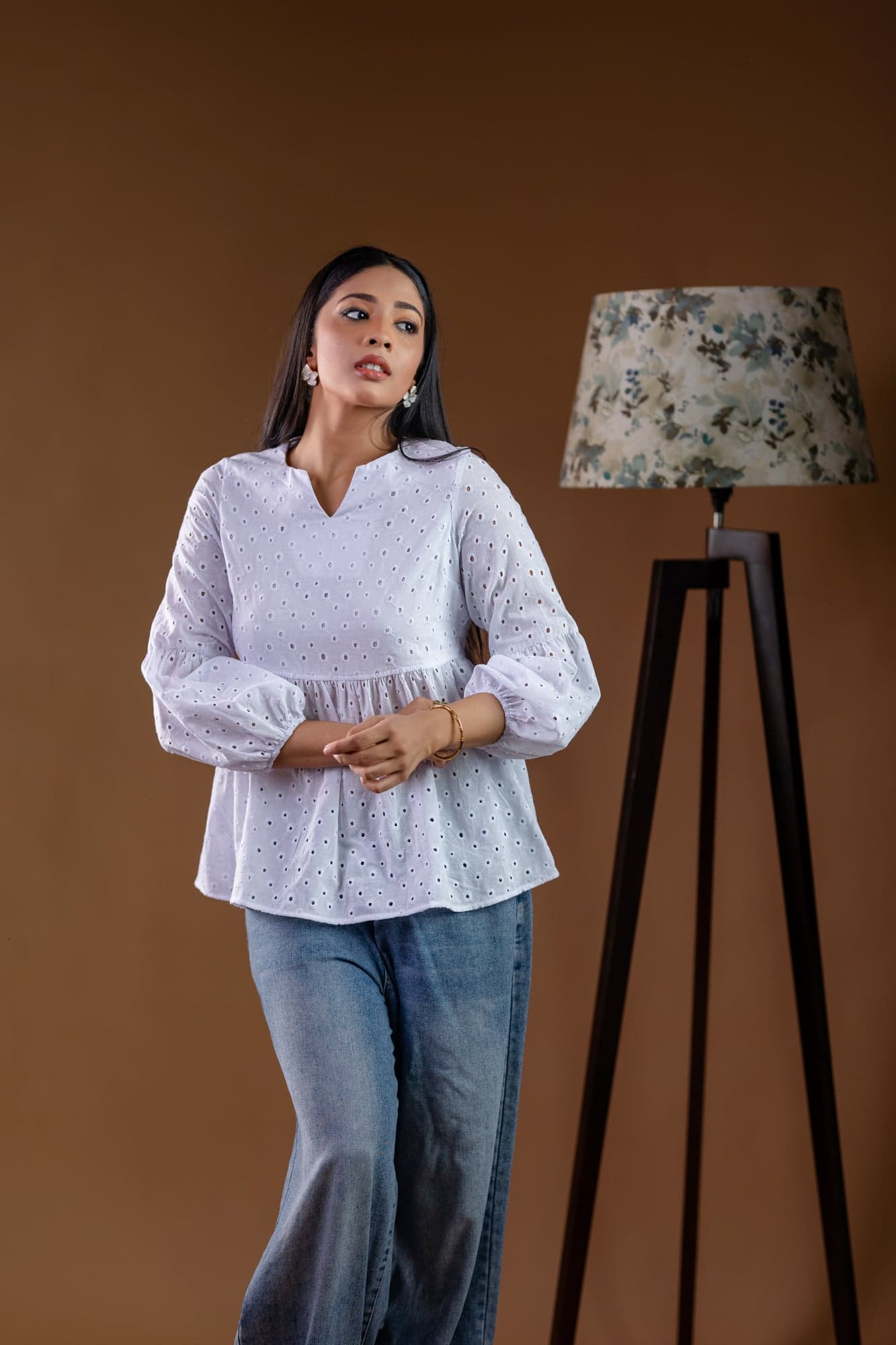 White Eyelet Cotton Peplum Blouse