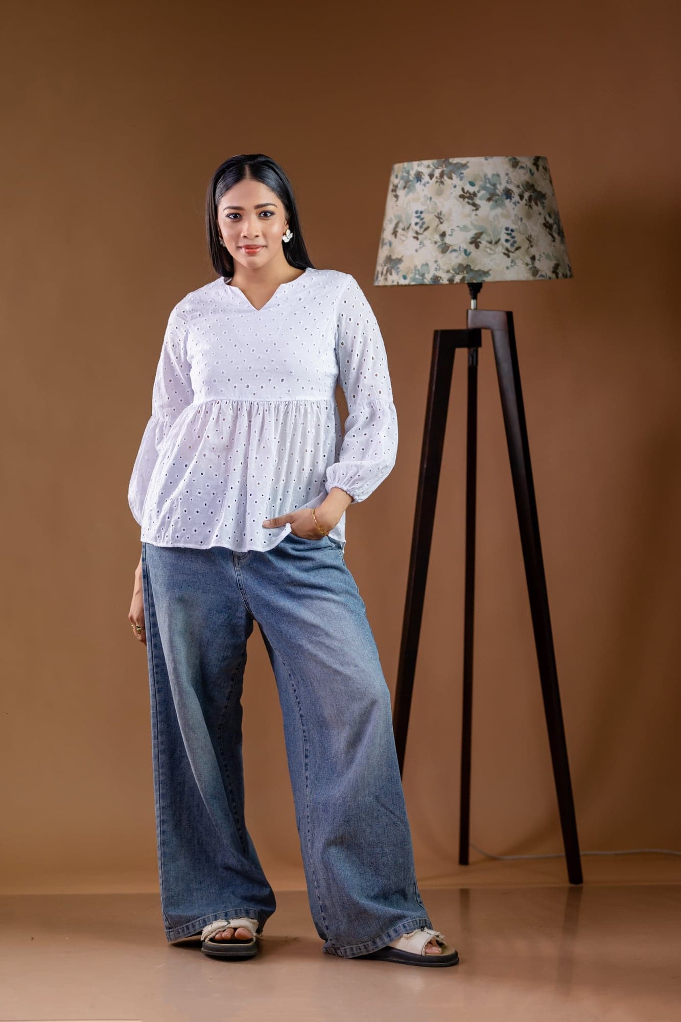 White Eyelet Cotton Peplum Blouse