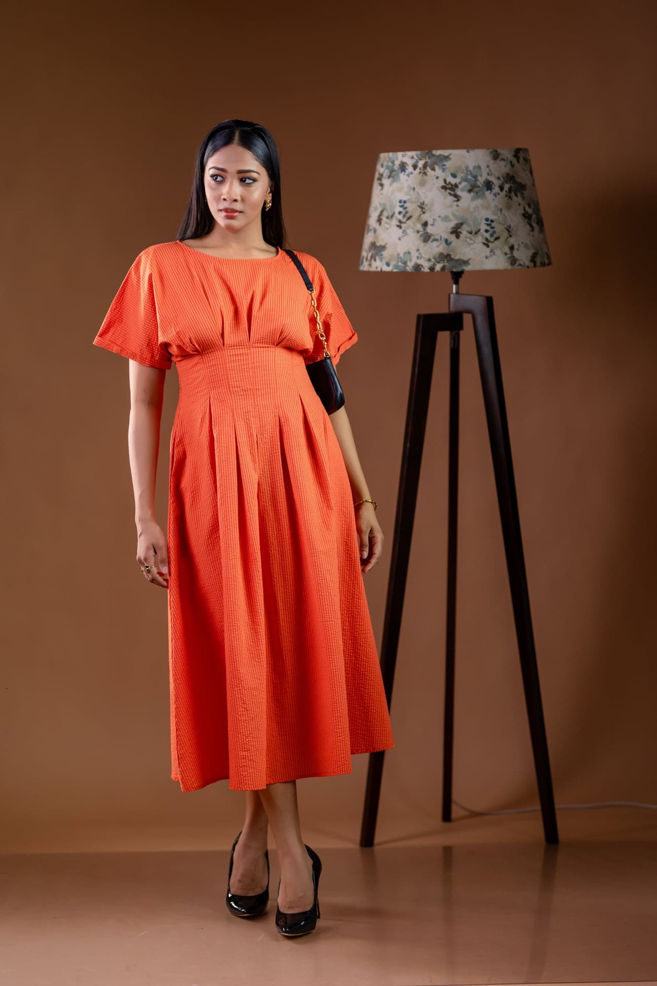 Sunset Orange Pleated Waist Midi Dress