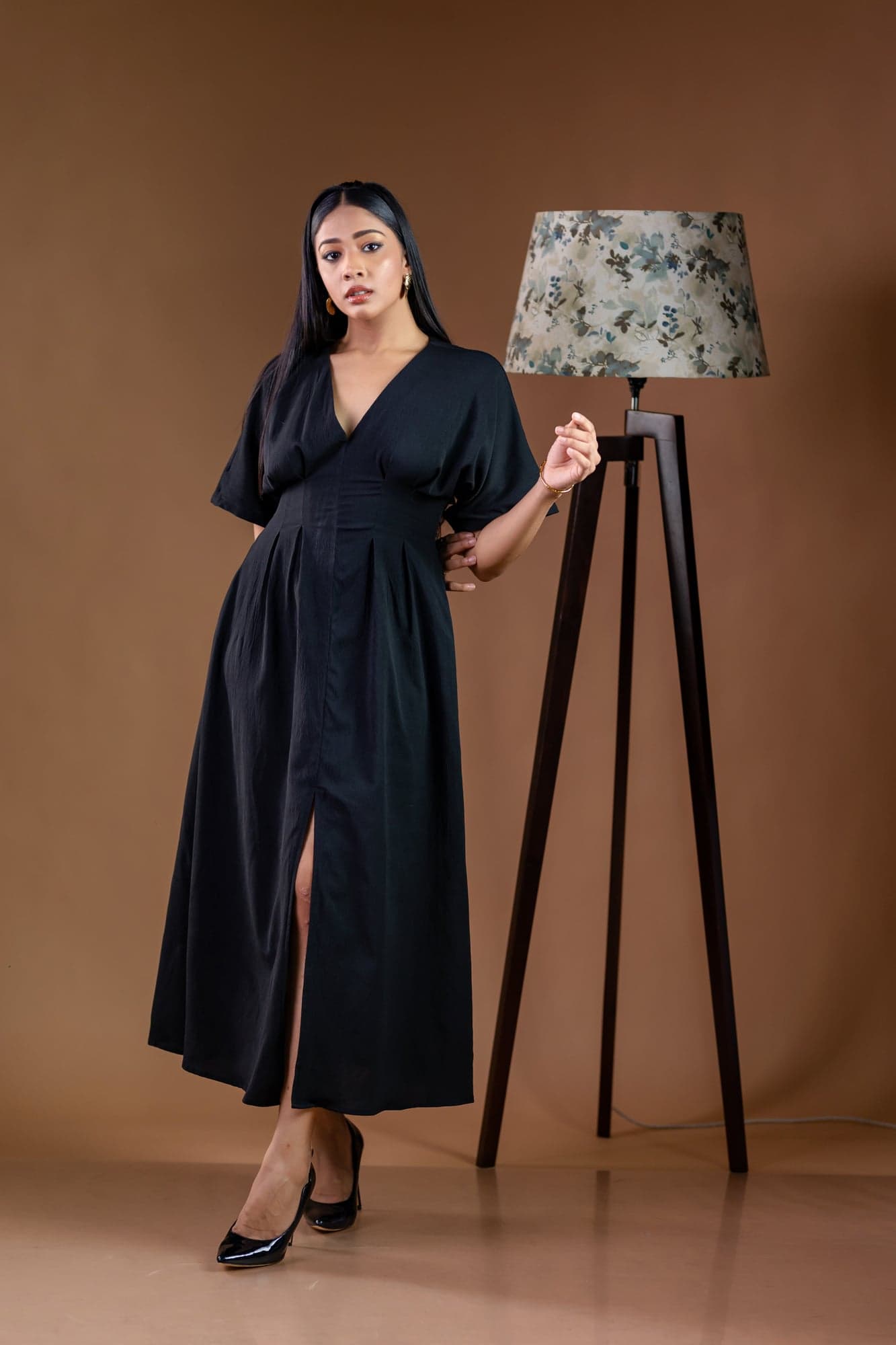 Classic Black V-Neck Front-Slit Midi Dress