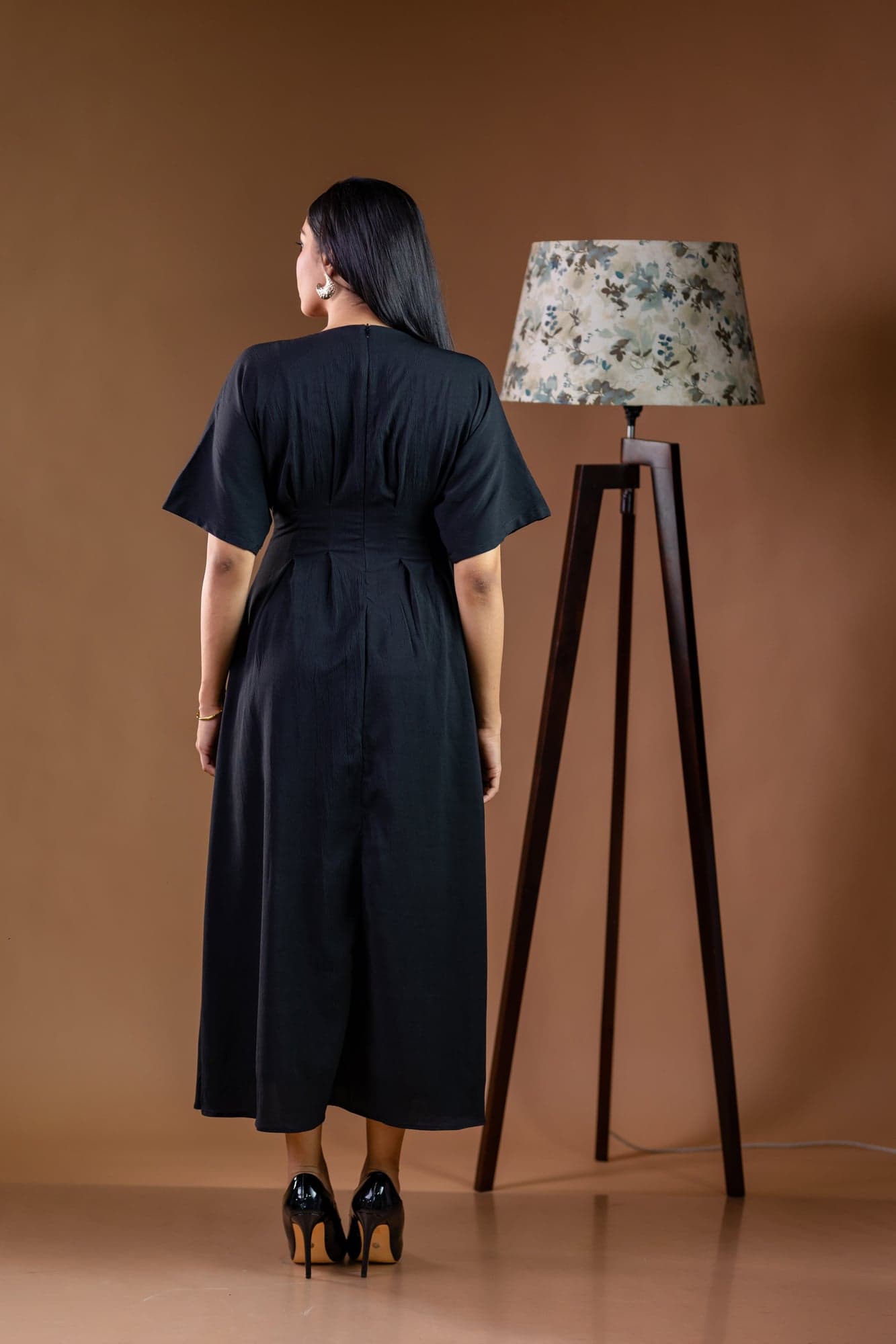 Classic Black V-Neck Front-Slit Midi Dress