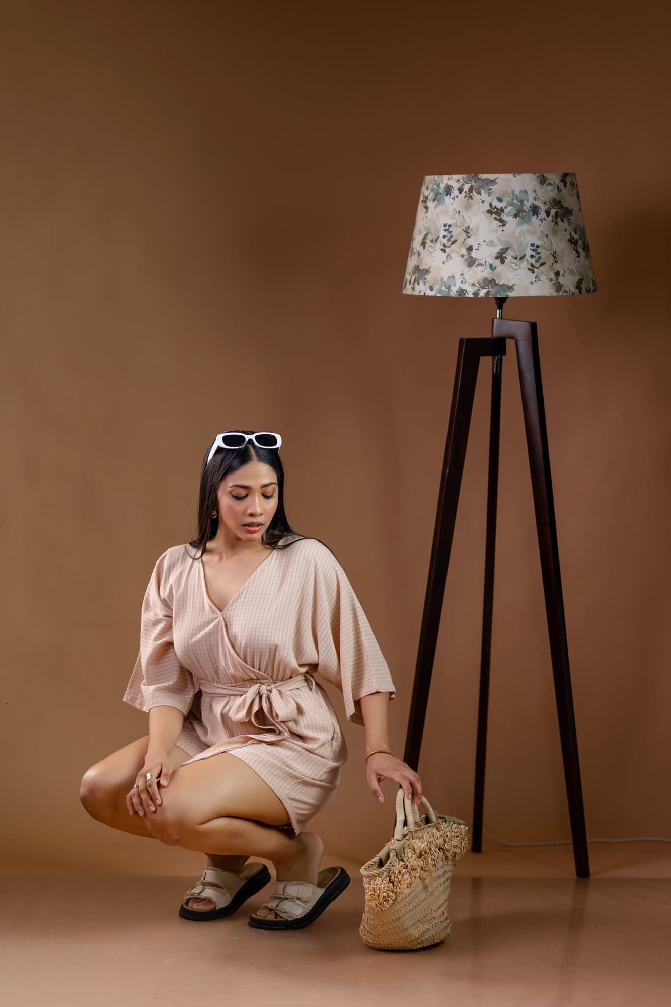 Kimono-Sleeve Textured Romper with Tie Belt