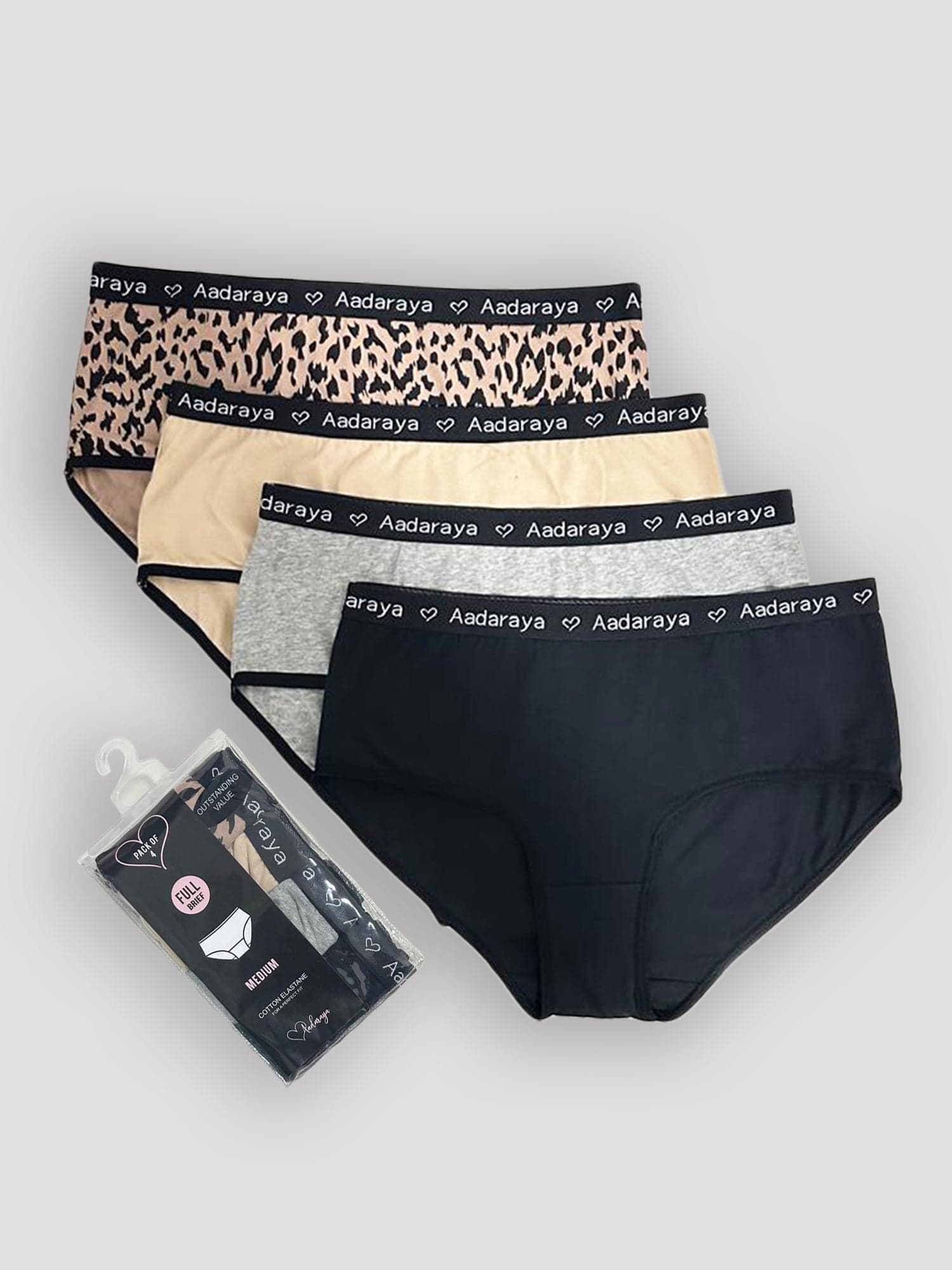 Dina - AD Logo Full Brief 4 Pack in Black, Grey Marl, Nude &amp; Leopard Multi Combo
