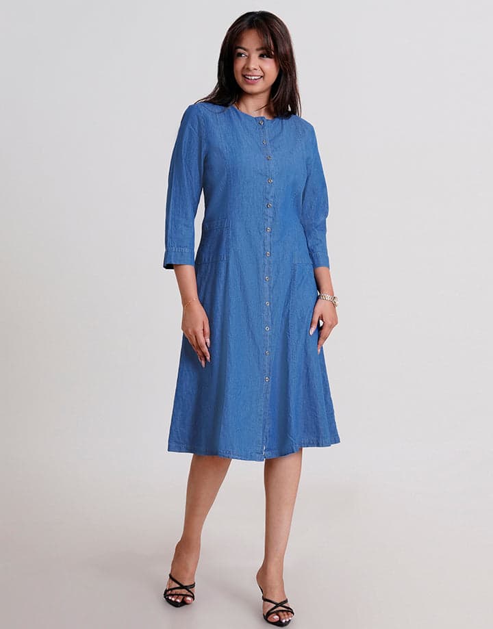 3/4 Sleeve Button Up Pocket Dress