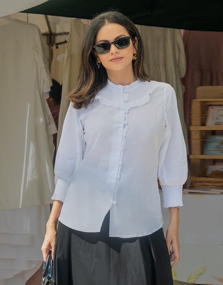 Smocked Sleeve with Button Up Blouse