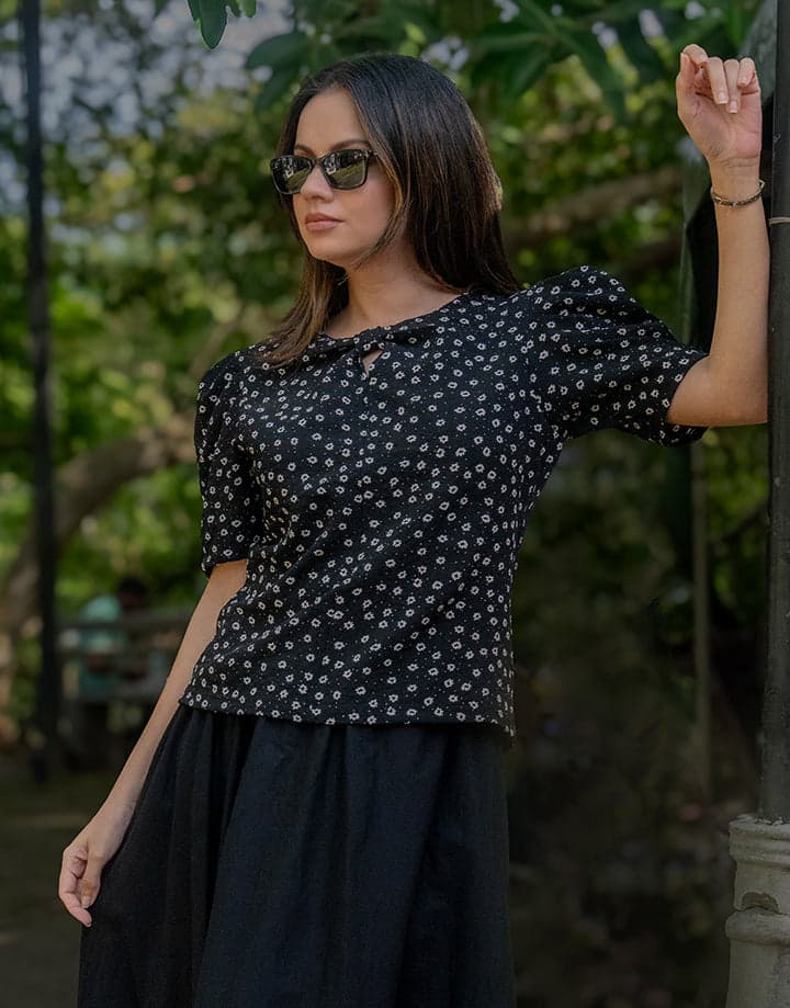 Puff Sleeve Top with Bow Detail