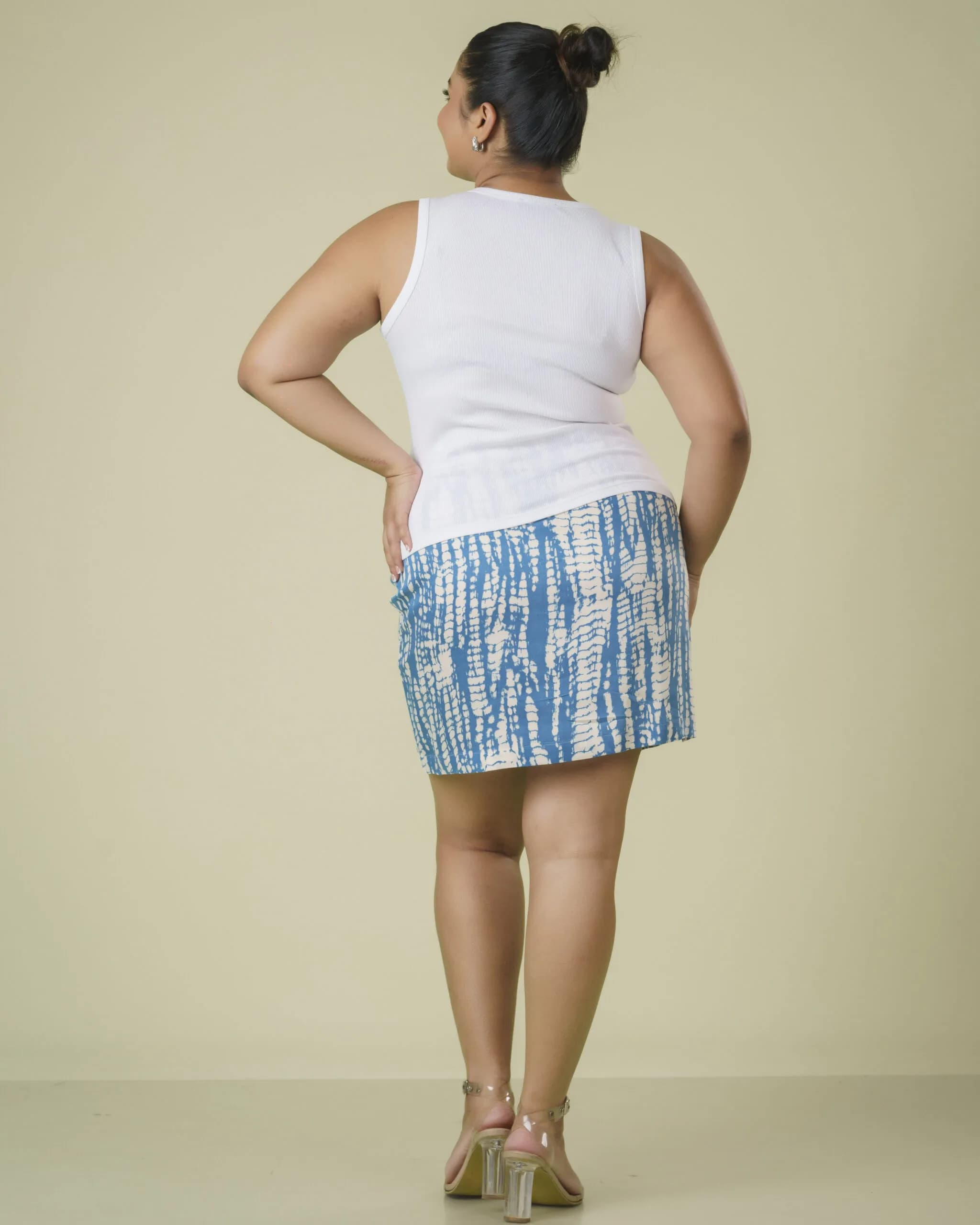Blue printed fake wrap around short skirt